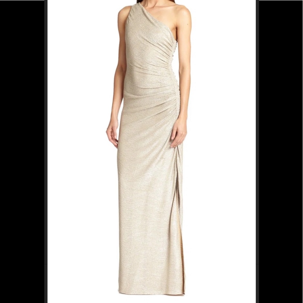 Laundry by Shelli Segal Gold Metallic Asymmetrical Maxi Gown Party Dress 8